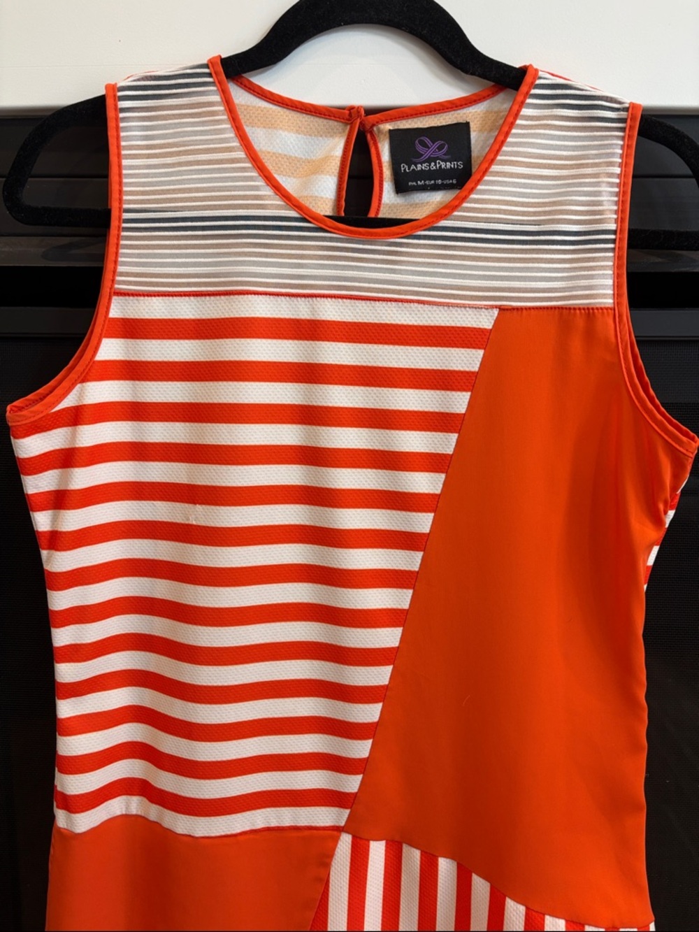 Striped Short-Sleeve Dress in Beige, Cream & Orange Trim - Picture 3 of 13